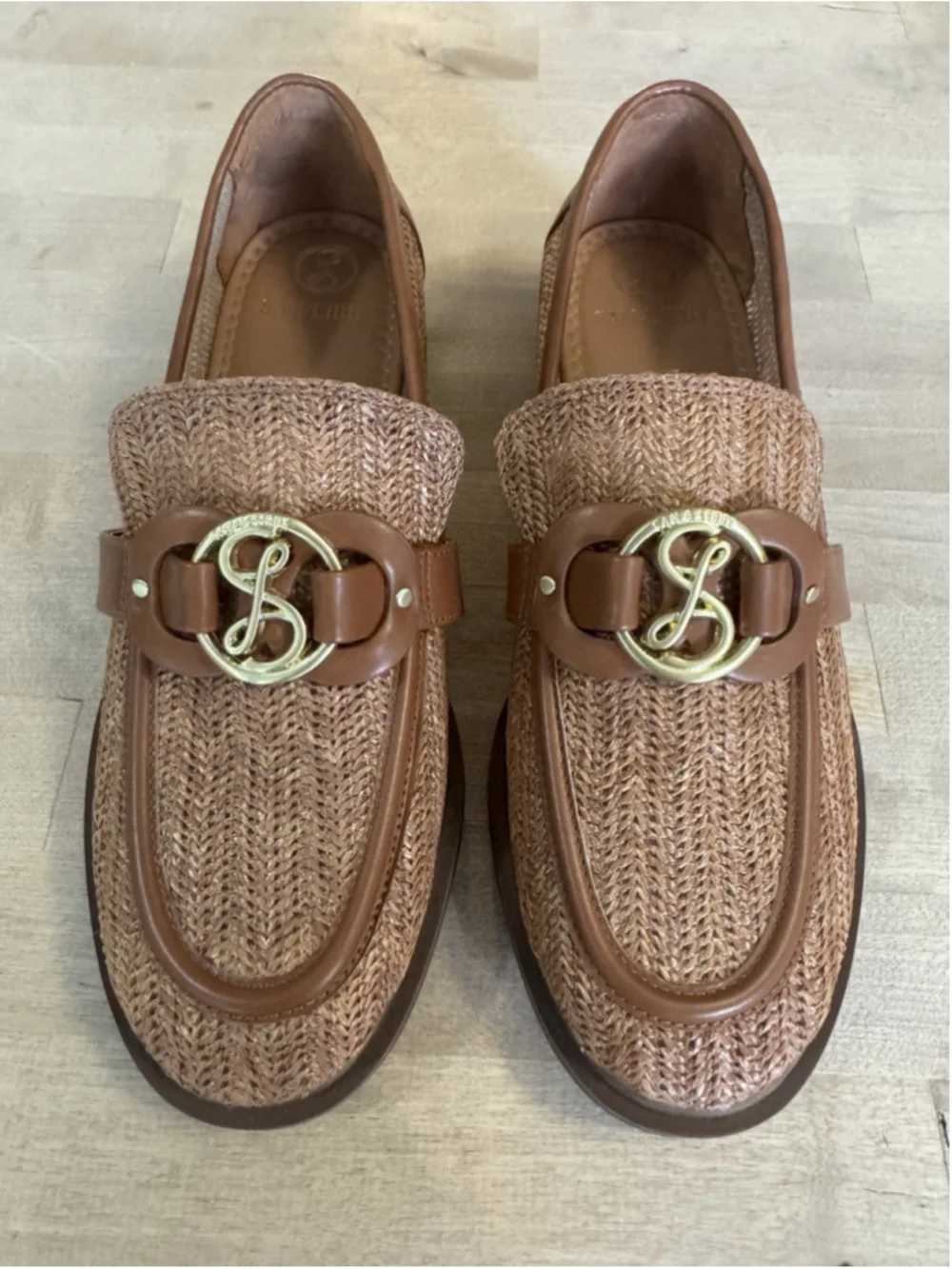 Sam & Libby Bailen loafers Women’s Size 10 Woven Tan Brown Leather Gold Accent